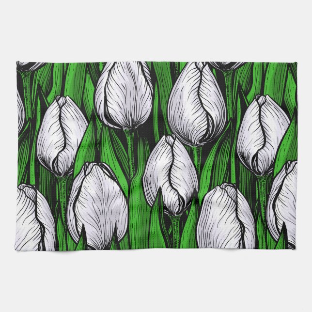 Paño De Cocina Tulipanes blancos con hojas verdes (Horizontal)
