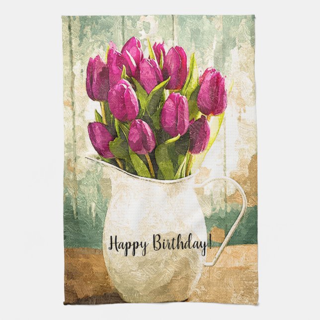 Paño De Cocina Tulipanes morados, arte de cumpleaños de primavera (Vertical)