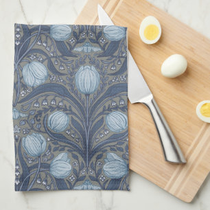 Paño De Cocina Tulipanes Retro Nouveau en azul y estaño