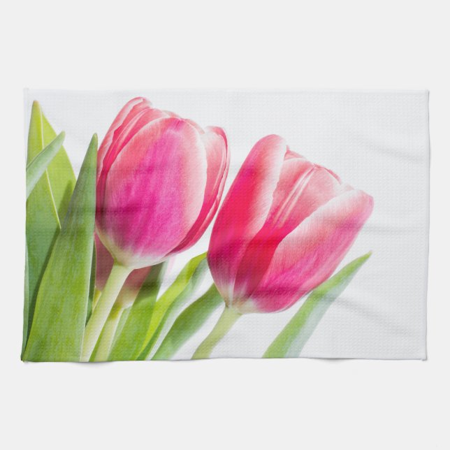 Paño De Cocina Tulipanes rosados con foto de hojas verdes (Horizontal)