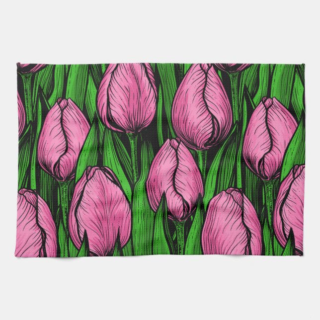 Paño De Cocina Tulipanes rosados con hojas verdes (Horizontal)