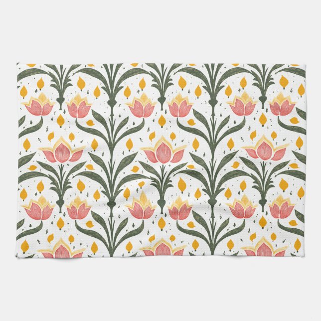 Paño De Cocina Tulipanes rosados con patrón de vegetación (Horizontal)