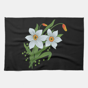 Paño De Cocina Tulipanes y Narcisos Flores Fondo Negro