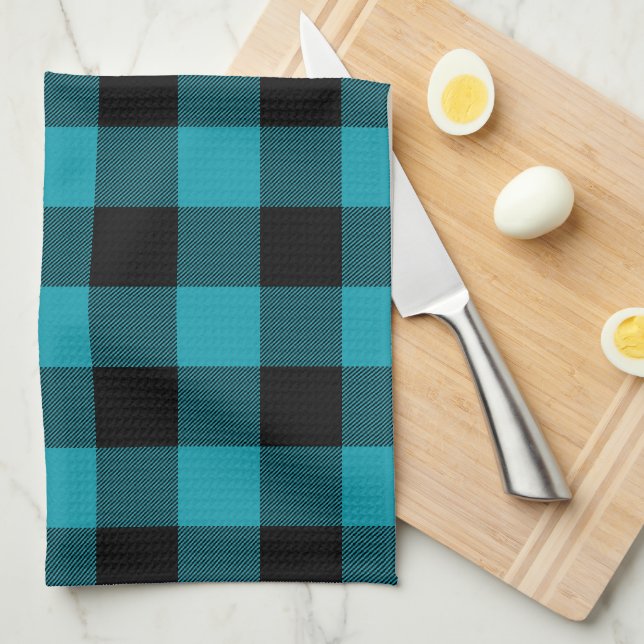 Paño De Cocina Turquoise Black Buffalo Check Plaid Rustic (Doblado Cuarto)