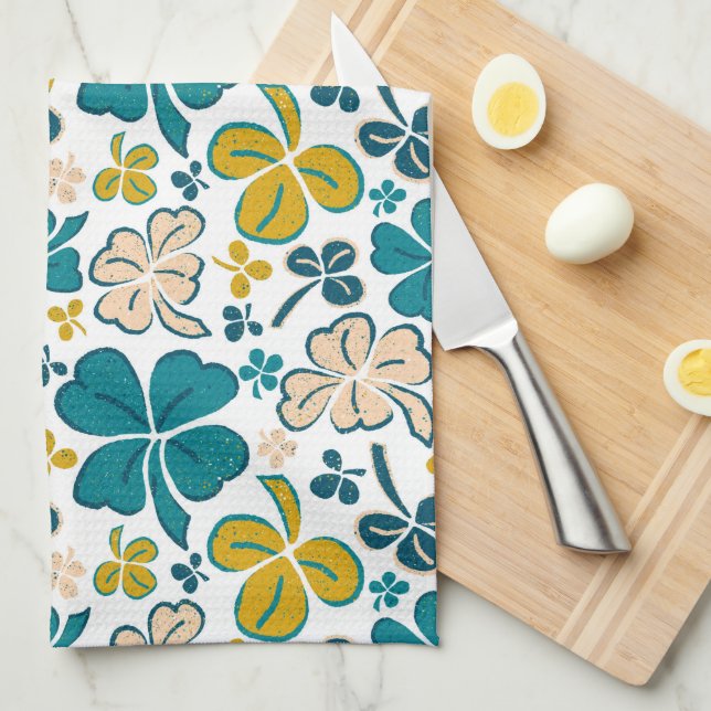 Paño De Cocina Turquoise Lucky 4 Deja Shamrock Clover Pattern (Doblado Cuarto)