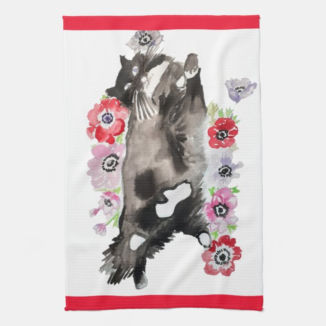 Paño De Cocina Tuxedo Cat Cute Bonitos Flores Gatos Acuarela (Vertical)