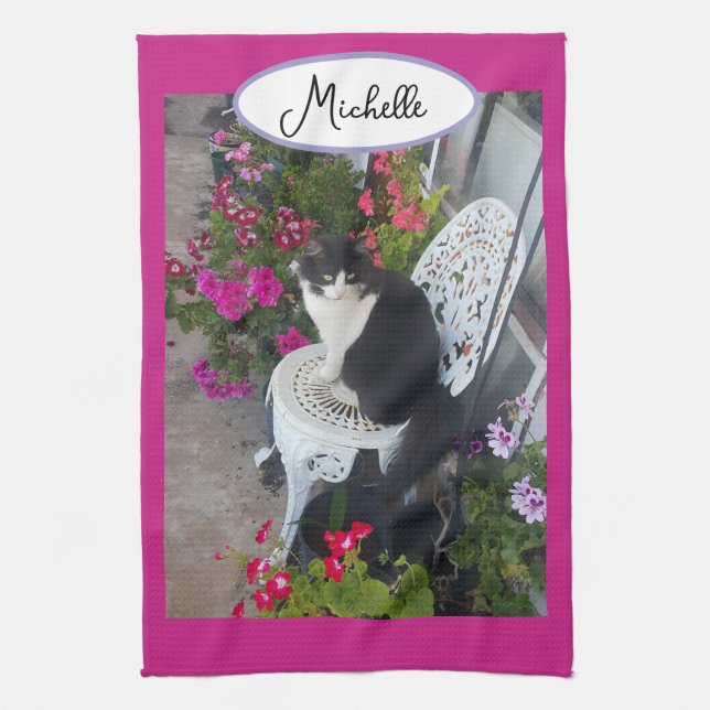 Paño De Cocina Tuxedo Cat Maroon Dark Pink Cats and Flowers (Vertical)