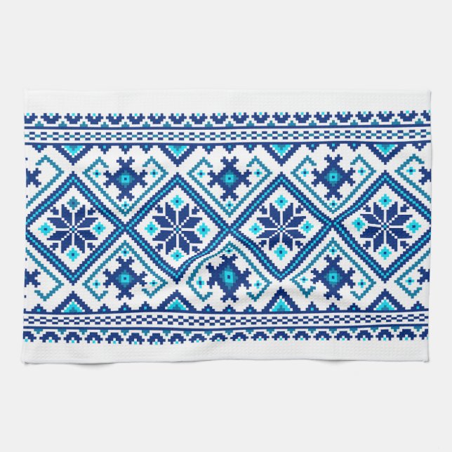 Paño De Cocina Ukrainian traditional vushuvanka folk pattern blue (Horizontal)