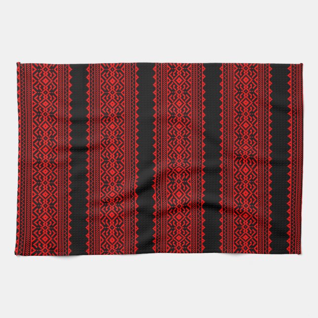 Paño De Cocina Ukrainian traditional vushuvanka folk pattern red (Horizontal)