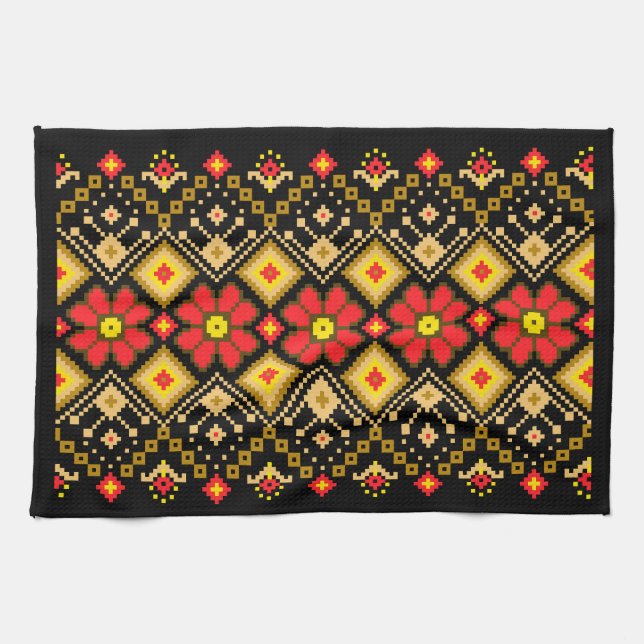 Paño De Cocina Ukrainian traditional vushuvanka folk pattern red (Horizontal)