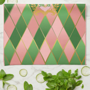 Paño De Cocina Ultra Chic Preppy Rosa Verde Argyle Monograma Escu