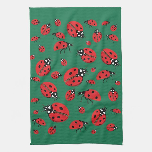 Paño De Cocina Un montón de Ladybugs Lucky Pattern Green (Vertical)