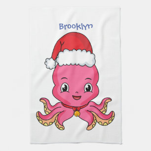 Paño De Cocina Un pulpo alegre lindo usando Navidades gorra perso
