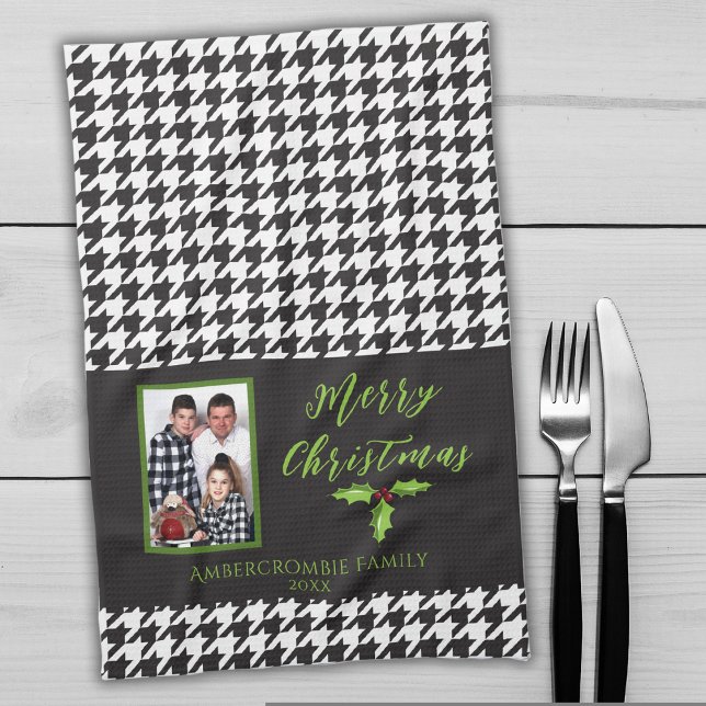 Paño De Cocina Una estrella de hundstada blanca y negra para fogo (Black houndstooth Christmas kitchen towel for a great holiday gift, or display in your home.)
