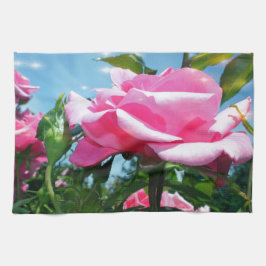 Paño De Cocina Una rosa rosa grandiosa en el cielo azul. Fotograf