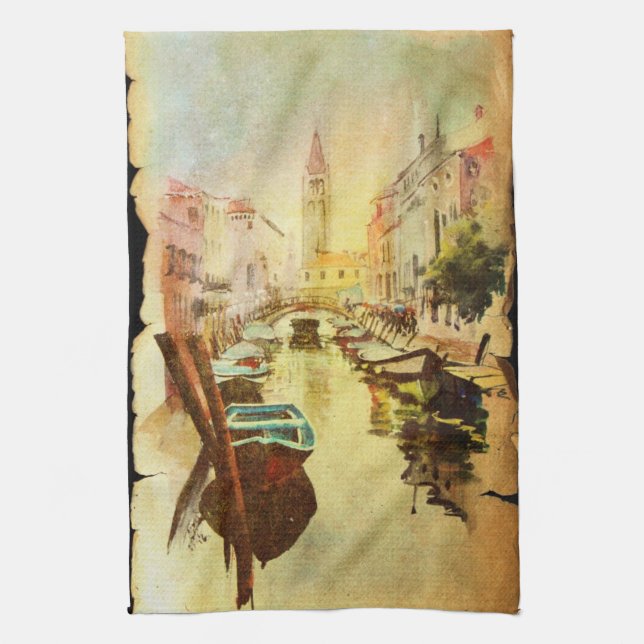 Paño De Cocina Una vista del canal con los barcos y los edificios (Vertical)
