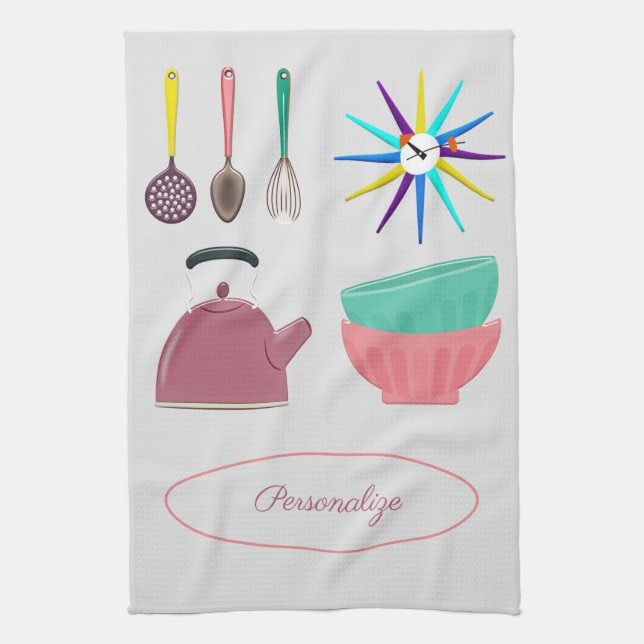 Paño De Cocina Utensilios de cocina retro, reloj, tetera personal (Vertical)