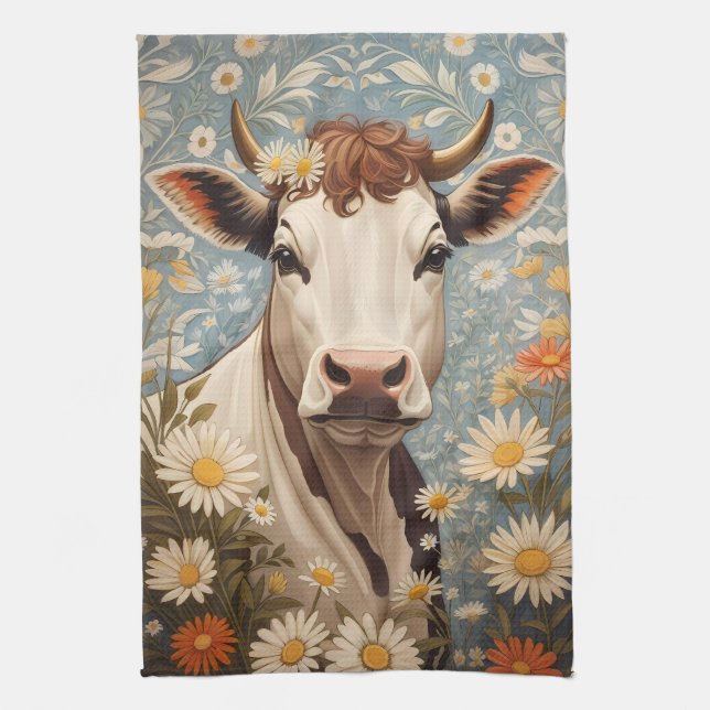 Paño De Cocina Vaca Cuta Con Flores De Daisy (Vertical)