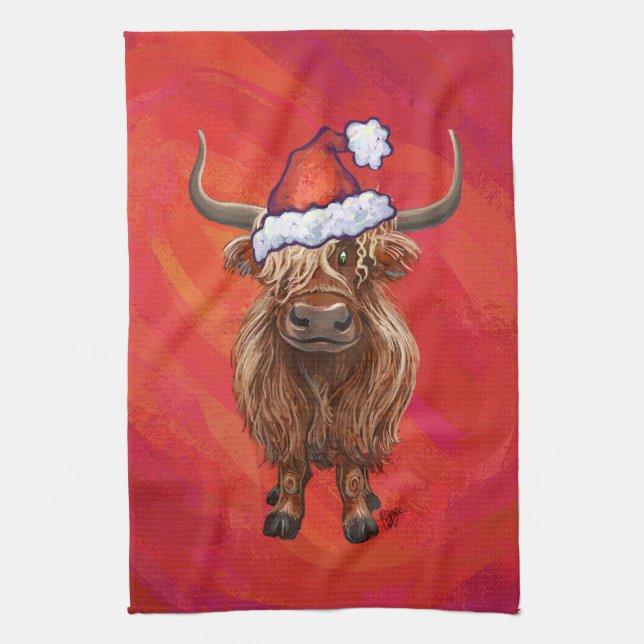 Paño De Cocina Vaca Highland en Santa Hat en Red (Vertical)