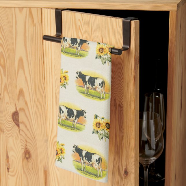Paño De Cocina Vacas y girasoles sobre textura de lino doblado (Pliegue de tercios)