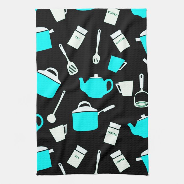 Paño De Cocina Vajilla de cocina | Negro, blanco y turquesa (Vertical)