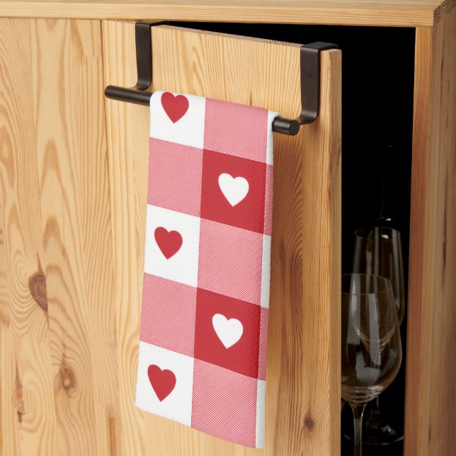 Paño De Cocina Valentine's Day Charming Red & White Check Heart  (Pliegue de tercios)