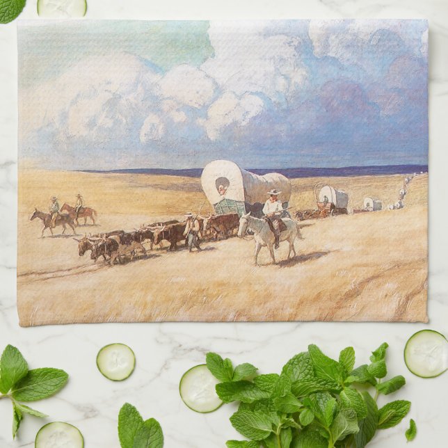 Paño De Cocina Vaqueros occidentales antiguos, carretas cubiertas (Doblado)