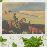 Paño De Cocina Vaqueros vintage, Open Range de Maynard Dixon<br><div class="desc">Open Range (1942) de Maynard Dixon es una pintoresca pintura del paisaje de arte occidental de época. Un ranchero de vaqueros montando su caballo en las llanuras del suroeste. Él está acaparando sus vacas, toros y ganado en la pradera. Grandes nubes blancas llenan el cielo sobre los campos de la...</div>