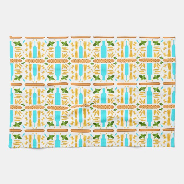 Paño De Cocina Various dry pasta shapes basil and baguettes (Horizontal)