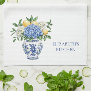 Paño De Cocina Vase Chinoiserie azul y blanco con hidrangeas