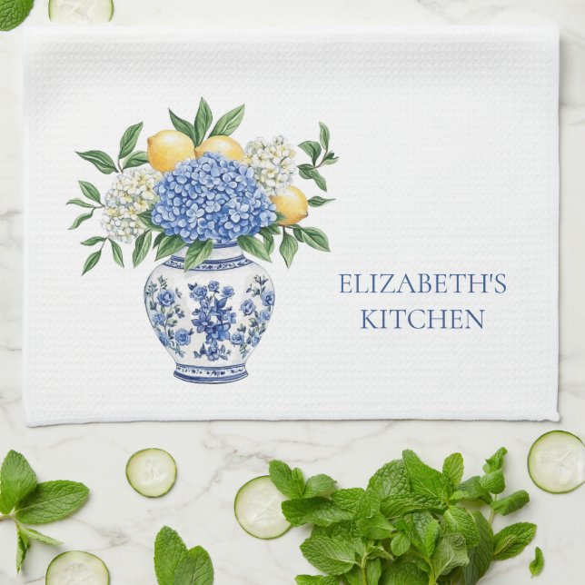 Paño De Cocina Vase Chinoiserie azul y blanco con hidrangeas (Doblado)