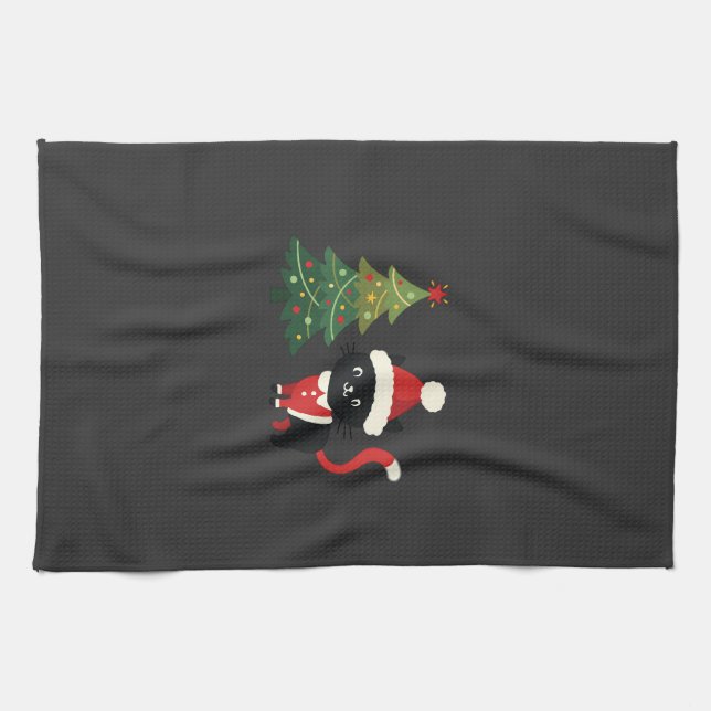 Paño De Cocina Vector gato de Navidad Santa árbol (Horizontal)
