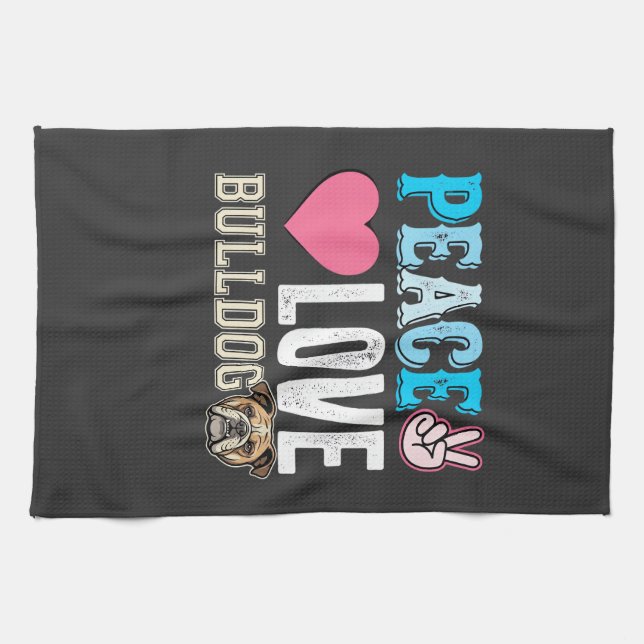 Paño De Cocina Vector Perro Bulldog Paz Amor (Horizontal)