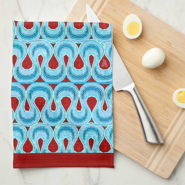 Paño De Cocina Vela azul zigzag y cinta roja - frontera roja (Doblado Cuarto)
