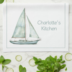Paño De Cocina Velero de acuarela azul costero personalizado
