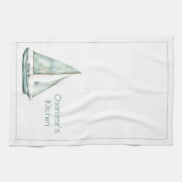 Paño De Cocina Velero de acuarela azul costero personalizado