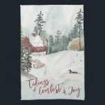 Paño De Cocina Ventajas de la comodidad y la alegría en el paisaj<br><div class="desc">Toalla de cocina de Winter Landscape,  con letras "Tidings of Comfort and Joy" en la tipografía de diseño. Este rústico diseño rústico presenta la acuarela de una casa a orillas del lago,  pinos,  un pato en el lago,  nieve y un trineo.</div>