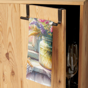 Paño De Cocina Ventana de cabaña soleada con flores silvestres
