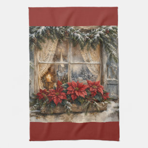 Paño De Cocina Ventana de Navidad con Poinsettia Nevada