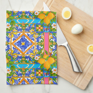 Paño De Cocina Verano, baldosas sicilianas, cítricos, limones me