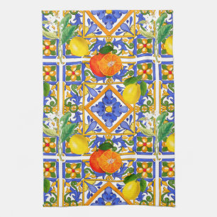 Paño De Cocina Verano, baldosas sicilianas, cítricos, naranjas, 