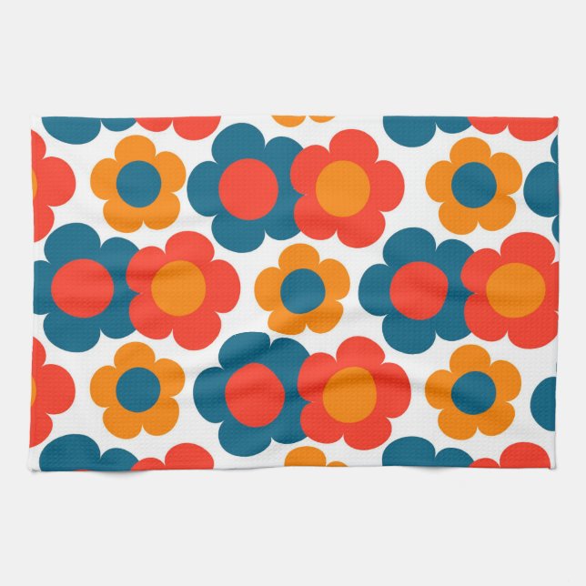 Paño De Cocina Verano Botánico Floral Azul Naranja Rojo (Horizontal)
