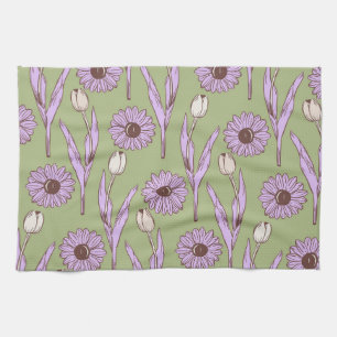 Paño De Cocina Verano Botánico Floral Verde Púrpura Tropical