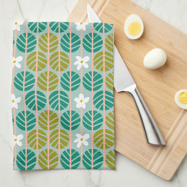 Paño De Cocina Verano retro verde y rosado rayado floral (Doblado Cuarto)