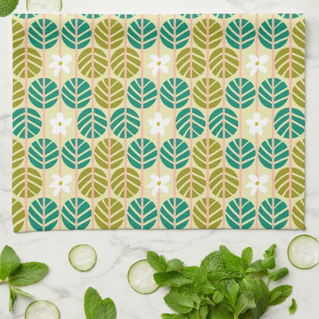 Paño De Cocina Verano retro verde y rosado rayado floral (Doblado)