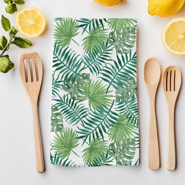 Paño De Cocina Verano tropical verde hojas de palmeras botánicas  (Green Tropical Summer Exotic Botanic Palm Leaves Kitchen Towel)