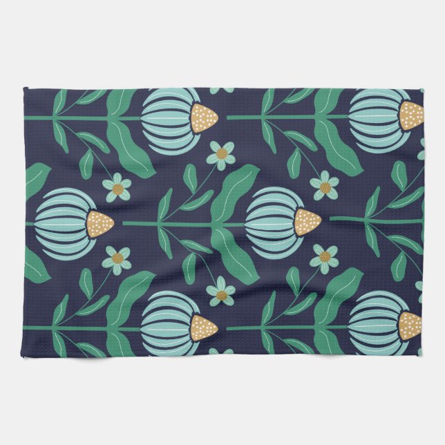 Paño De Cocina Verdant Whimsy Flor Cocina Azul (Horizontal)