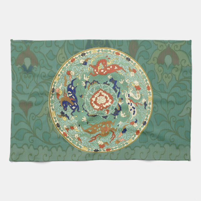 Paño De Cocina Verde azul del circulo chino antiguo (Horizontal)