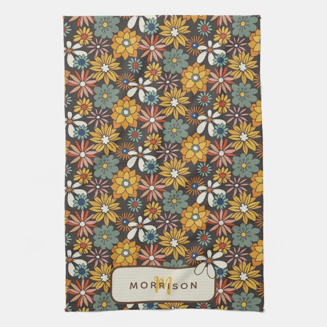 Paño De Cocina Verde azulado retro floral marrón oro (Vertical)