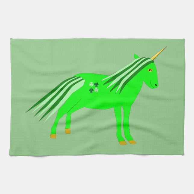Paño De Cocina Verde irlandés lindo y unicornio de oro (Horizontal)